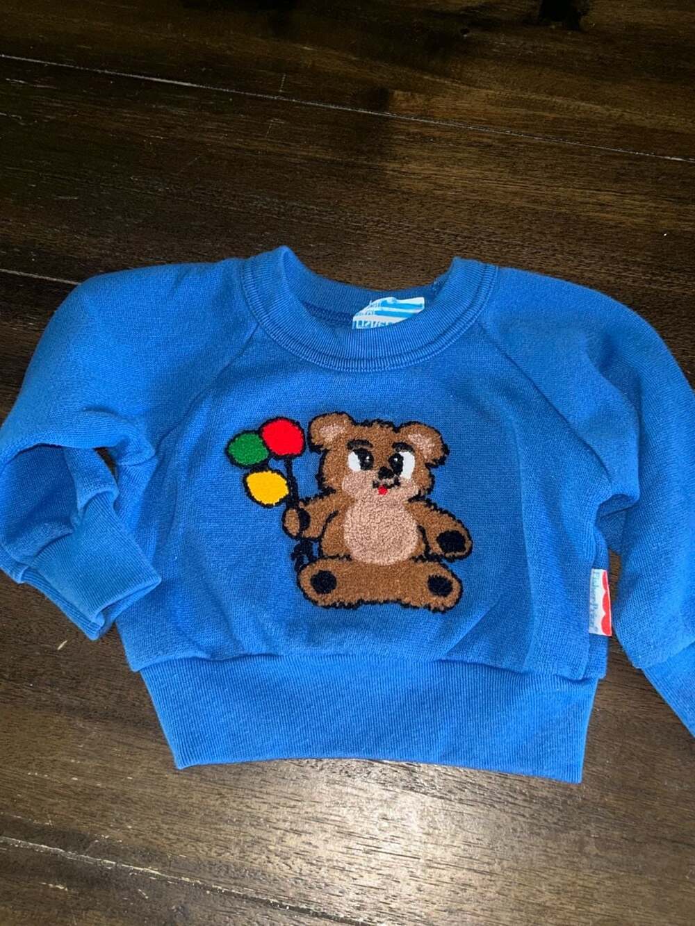 Vintage 1980s Fisher-Price Teddy Bear with Balloons Blue Baby Sweatshirt 12 Mont
